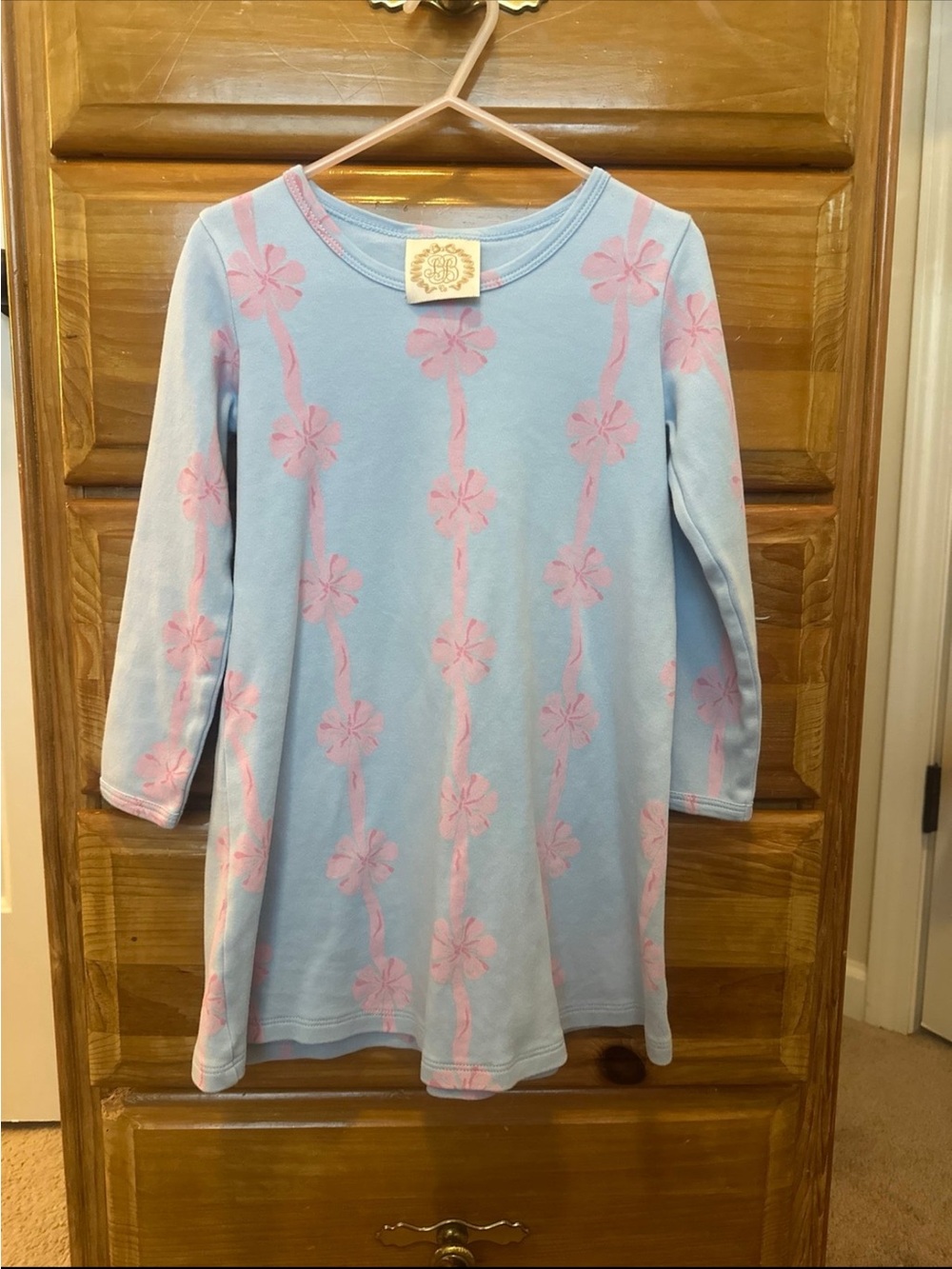 The Beaufort Bonnet Company Light Blue Dress with Pink Floral Stripes